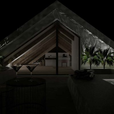 ag design architect greece front view of the villa at night