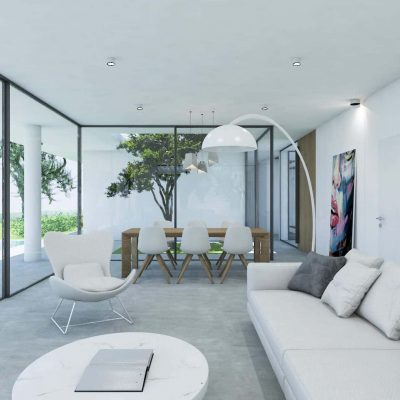 ag design architect greece living room with pool view 1