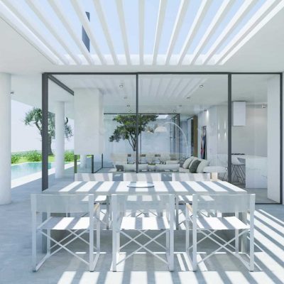 ag design architect greece outside dining area with pool view 1