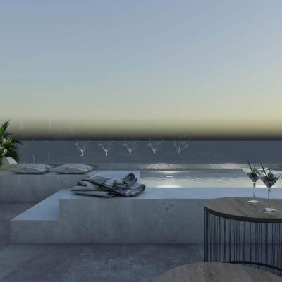 ag design architect greece outside pool area at evening