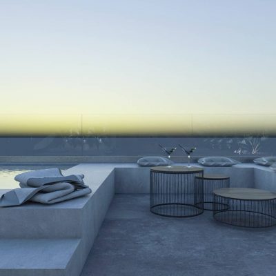 ag design architect greece outside sitting area at evening